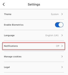 Screenshot: mobile app, notification settings