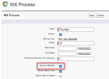 Screenshot: Show In Mobile setting for a WX Process