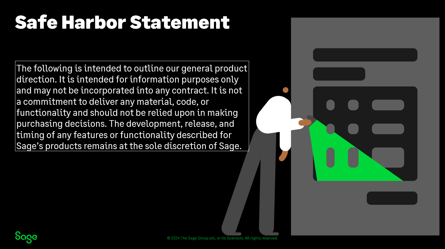 Sage People FY25 product roadmap, slide 2 of 8: safe harbor statement. 