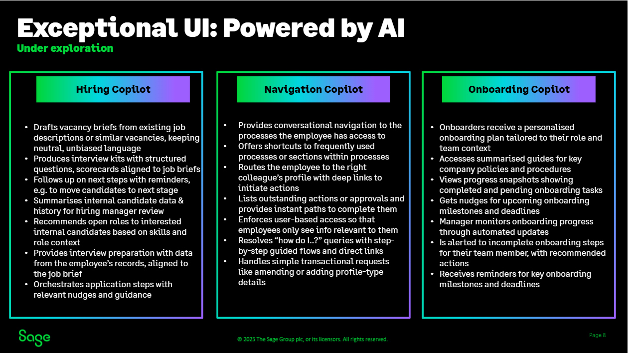 Sage People FY25 product roadmap, slide 8 of 11: Exceptional UI powered by AI.