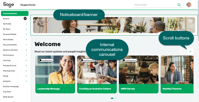 Screenshot: WX homepage showing the internal communications carousel
