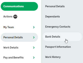 Screenshot: finding bank details in the navigation menu