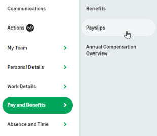 Screenshots: finding payslips in the navigation menu