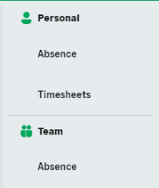 Screenshot: personal view and team view items in the navigation menu