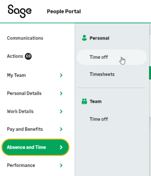Screenshot: booking an absence - time off in the navigation menu