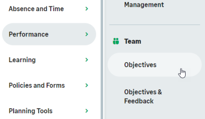 Screenshot: Selecting Objectives from the Team section of the menu