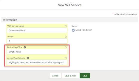 Screenshot: updating the service page title and subtitle on the New WX Service page
