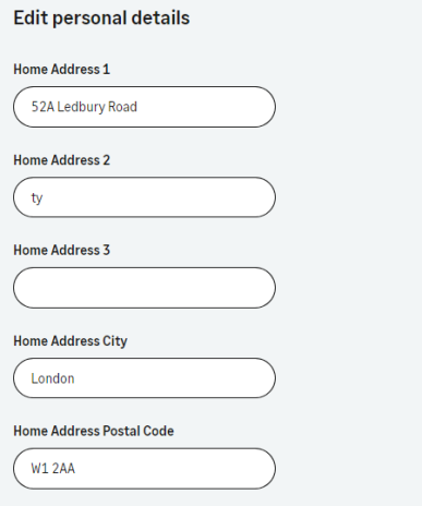 Screenshot: editable fields in the personals details edit view