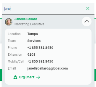 Screenshot: search results showing contact details for a team member