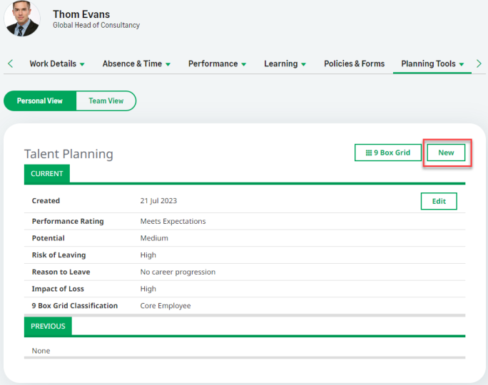 Screenshot: Talent Plan detail view for a Team Member