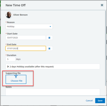Screenshot: supporting file upload for a vacation request