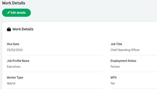 Screenshot: Fields from the WX Work Details View Field Set in the Work Details process in WX