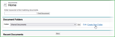Partial screenshot showing documents home page with create new folder selected