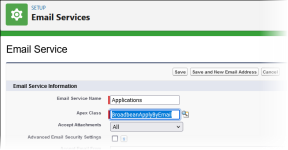 Partial screenshot showing the Applications email service page with the apex class field showing BroadbeanApplyByEmail