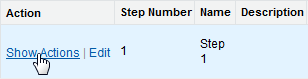 Screenshot: Selecting Show Actions for an approval step in an approval process