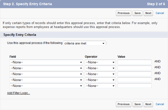 Screenshot: Step 2 of the approval process editor: Specify entry criteria