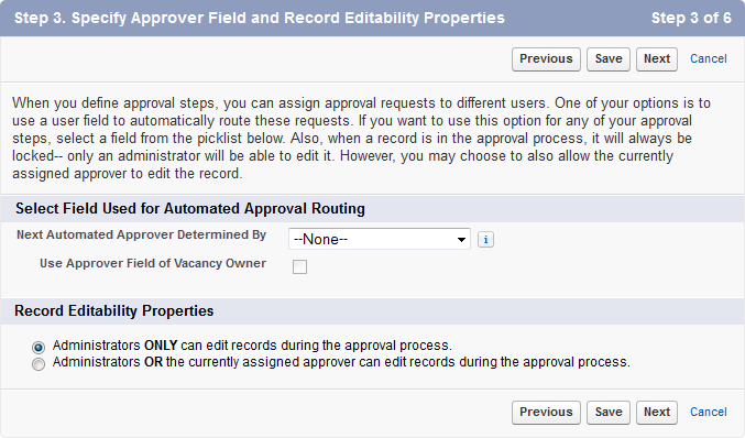 Screenshot: Step 3 of approval process editor: Specify approver field and record editability properties