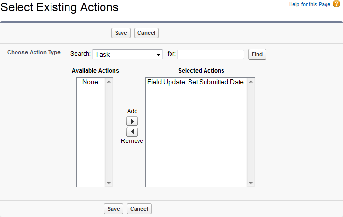 Screenshot: Select Existing Actions