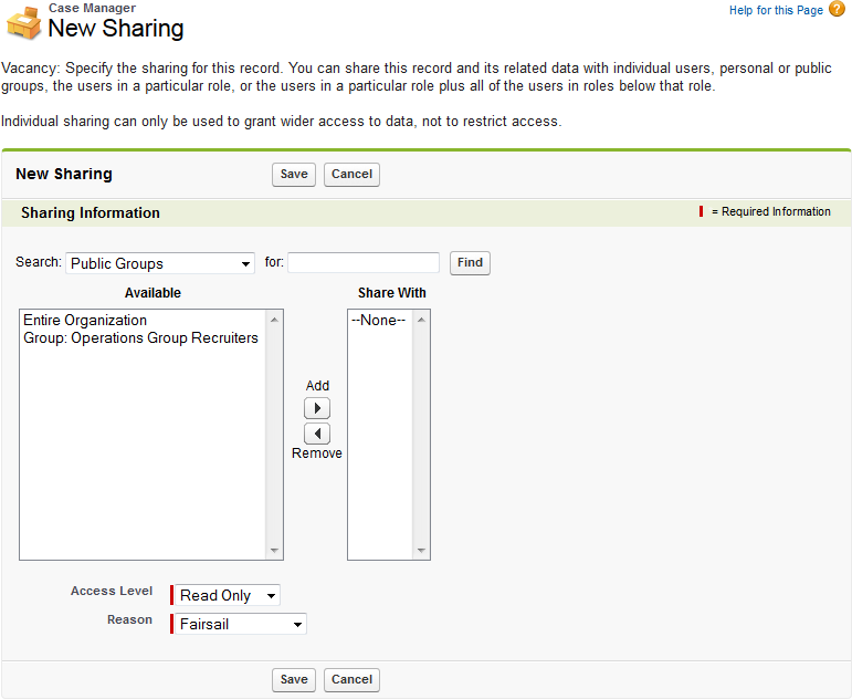 Screenshot: Dipplayed New Sharing page for the vacancy