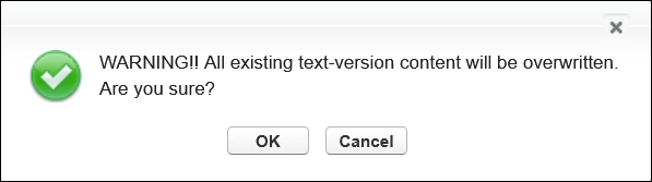 Screenshot showing warning when copying html template content to the text template version.