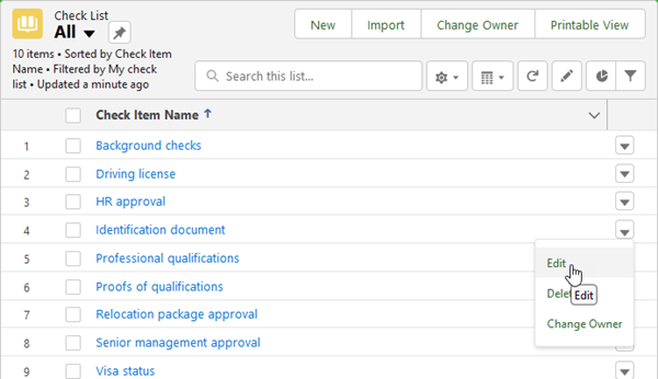 Screenshot of Check List view page with Edit selected for a Check Item