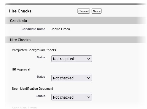 Screenshot of a candidate Hire Check page showing three Hire Checks with status picklists