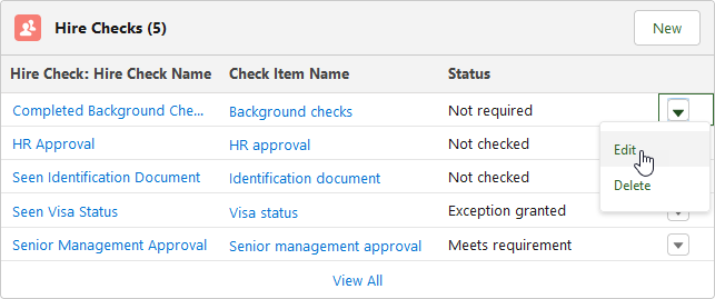 Screenshot of Hire Checks related list with Edit option selectied