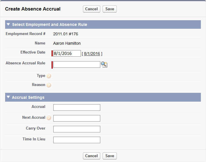 Screenshot: Create Absence Accrual screen