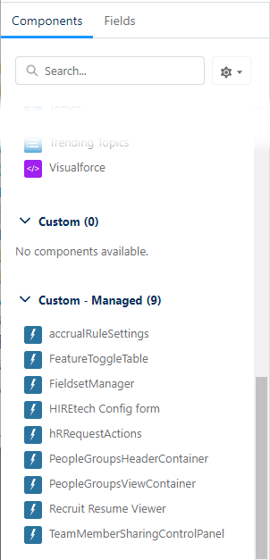 Screenshot: Custom - Managed section in the Components sidebar in Lightning App Builder