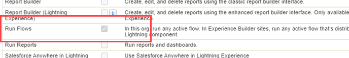 Annotated screenshot: Run Flows permission in the list of permissions