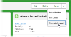 Screenshot showing generate accruals option on an absence accrual rule detail page