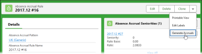 Screenshot showing absence accrualk rule detail page with generate accruals option selected