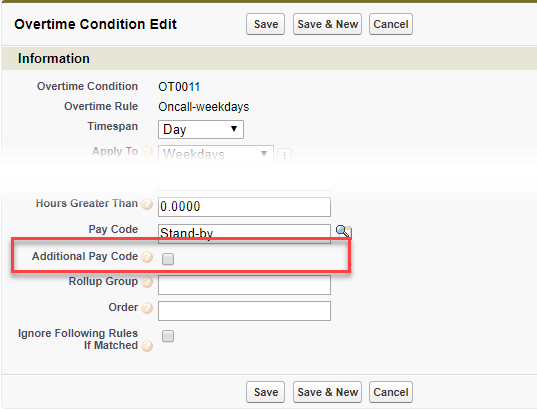 Screenshot: Additional Pay Code checkbox highlighted on an Overtime Condition edit page