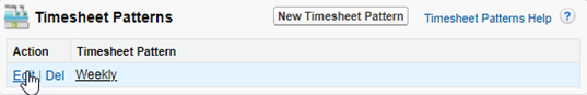 Screenshot: Selecting Edit for a Timesheet Pattern
