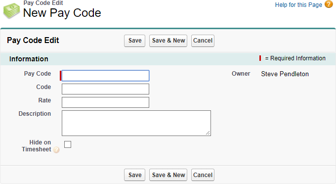 Screenshot: New Pay Code page