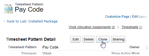 Screenshot: Selecting Clone in a Timesheet Pattern details