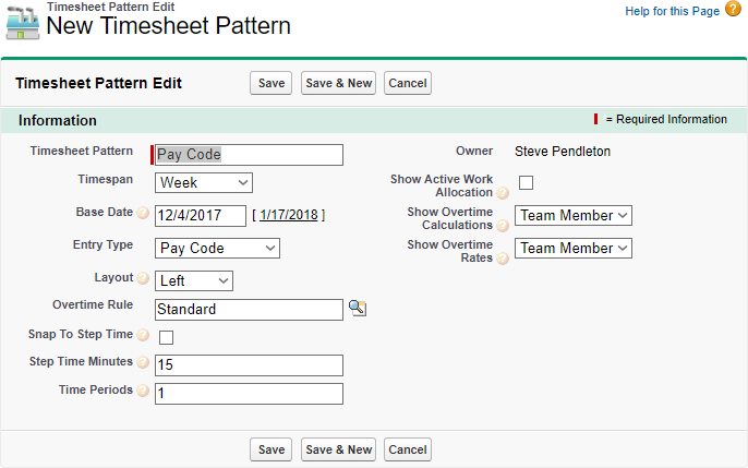 Screenshot: A cloned Timesheet Pattern before editing and saving