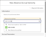 Screenshot: Searching for a different absence accrual rule for a cloned absence accrual seniority