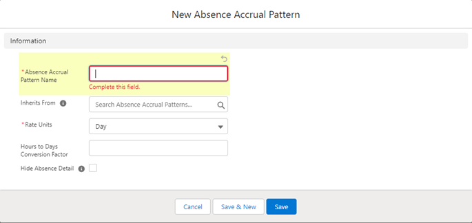 Screenshot: New Absence Accrual Pattern page