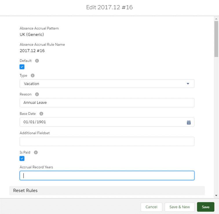 Screenshot of the Absence Accrual Rule page in edit mode, showing Accrual Record Years field