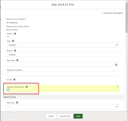 Screenshot: Vacation Attachments setting for an accrual rule