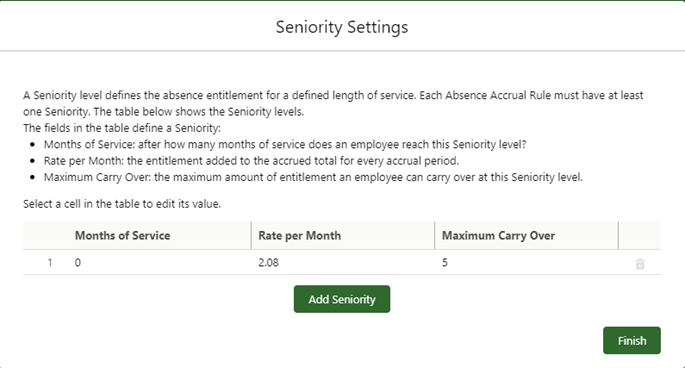 Screenshot: Seniority settings showing one seniority