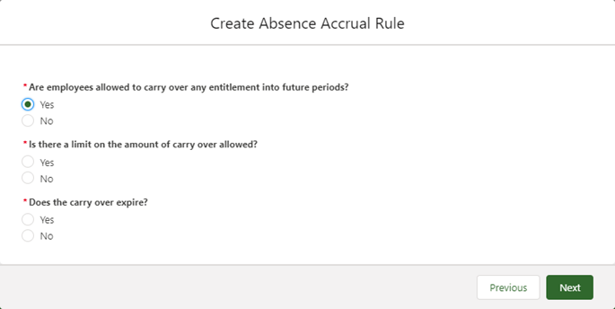 Screenshot: Further questions about carry over in the Absence Accrual Rule wizard