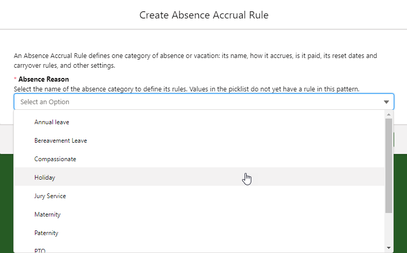 Screenshot: Reason picklist in the Absence Accrual Rule wizard