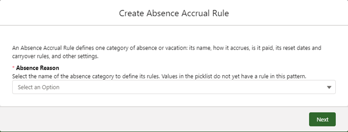 Screenshot: First screen in the Absence Accrual Rule wizard - select reason