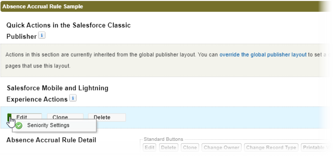 Screenshot: Dragging and dropping the Seniority Settings action to the page layout