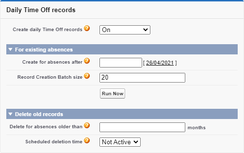 Screenshot: Daily Time Off records section on Sage People Time Configure page