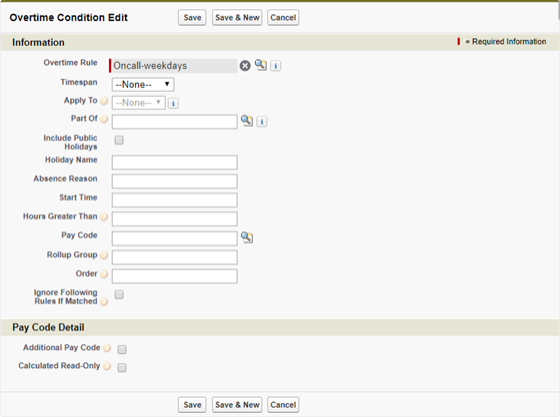 Screenshot: New Overtime Condition page with the Pay Code Detail section