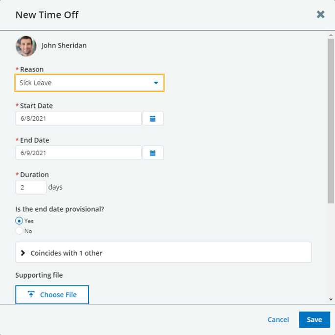 Screenshot: Time Off dialog showing provisional end date and supporting file fields