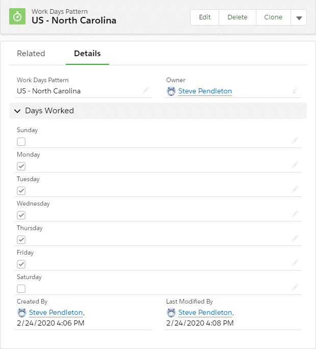 Details page for a Work Days Pattern